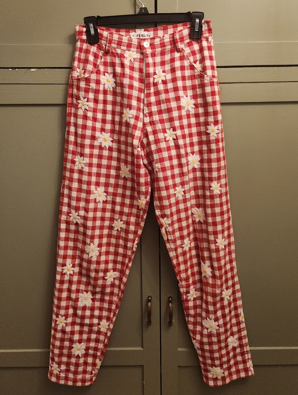 Finis Red Gingham Floral Vintage Embroidered Pants